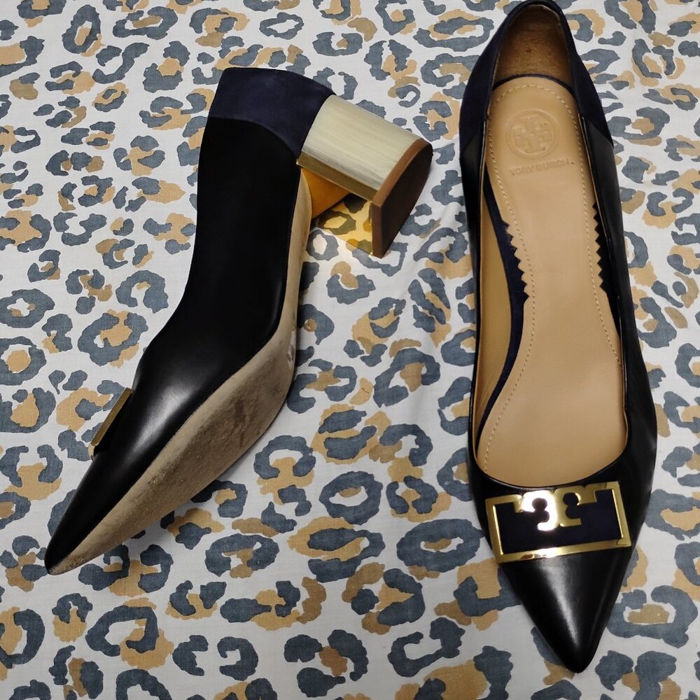 ❤️2 BOGO TORY BURCH Shoes / Purse GIGI Leather & Suede Block Heel 9 1/2 M
